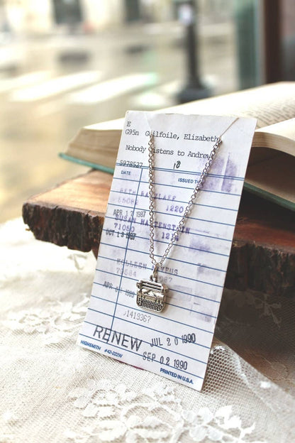 Silver Tone Typewriter Charm Necklace, Stories Live On Past: 22