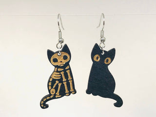 Skeleton Black Cat Earrings, Horror Cute