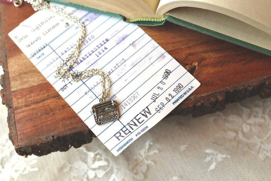 Silver Tone Typewriter Charm Necklace, Stories Live On Past: 22