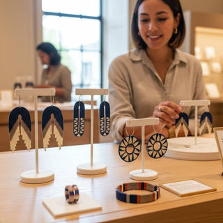 Woman examining earrings at a jewelry store display