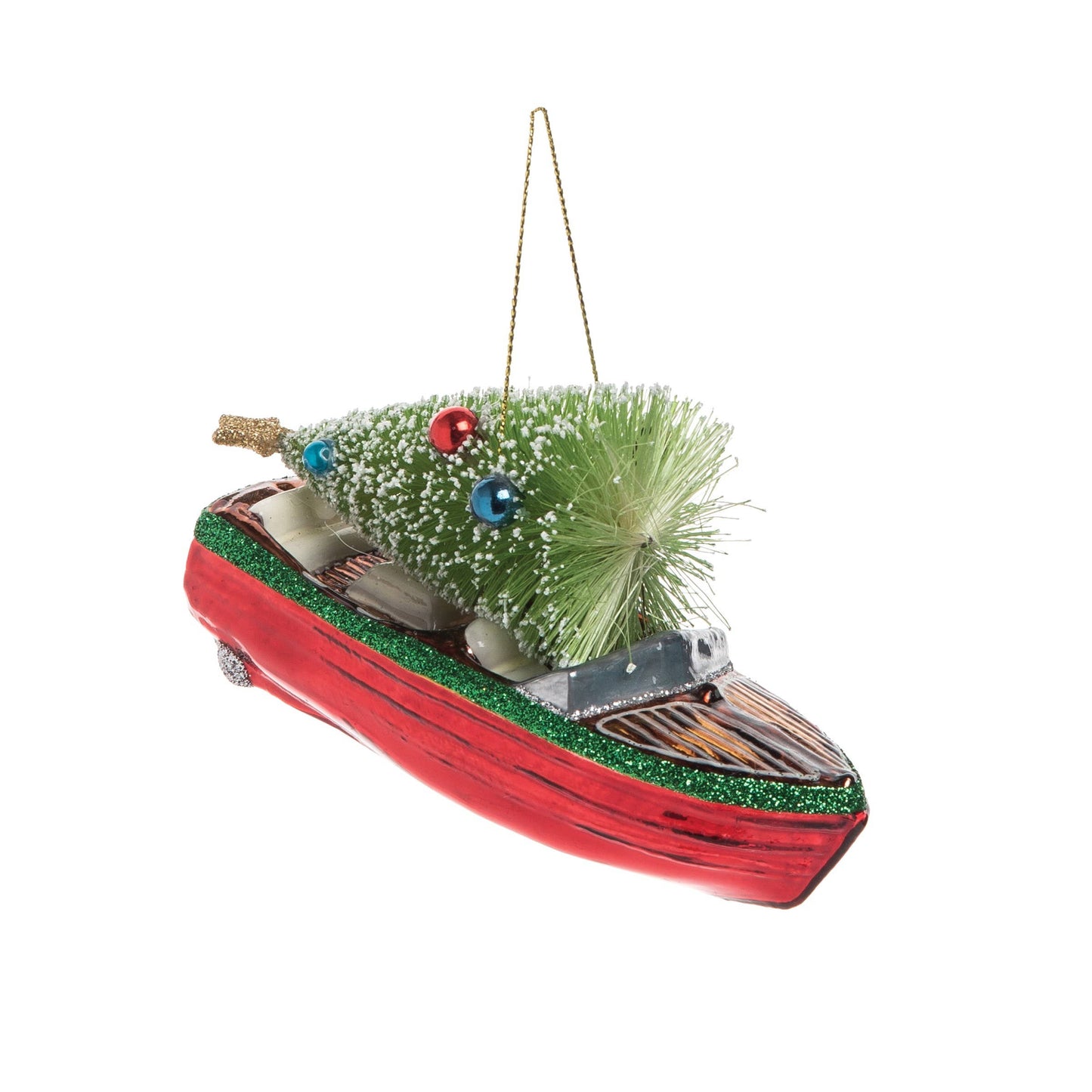 Christmas Runabout Boat With Tree Glass Ornament