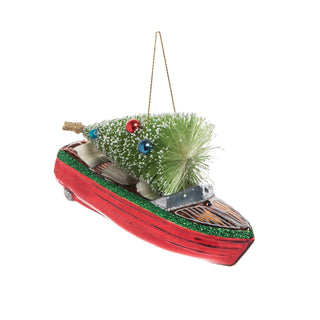 Christmas Runabout Boat With Tree Glass Ornament