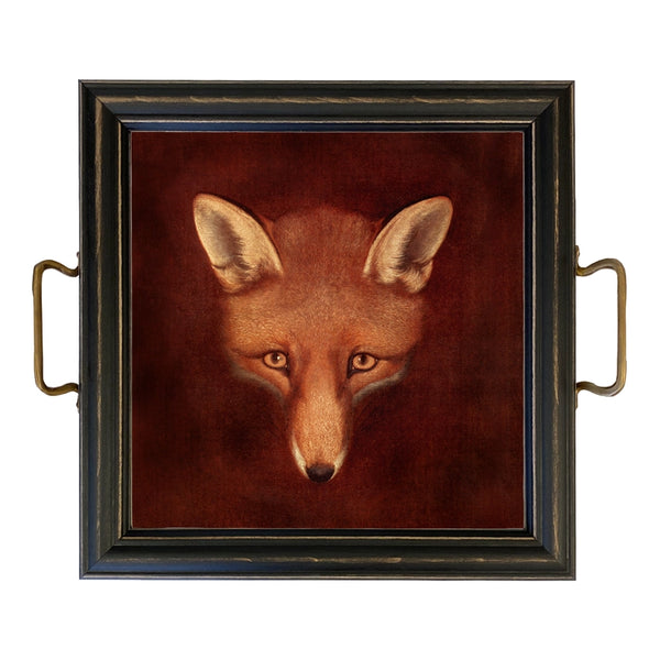 12" Fox Head Tray w/ Brass Handles and Rustic Wood Frame