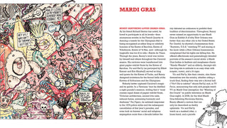 A printed page spread from Bunny Matthews: His Life, Art, and Obsessions with a large illustrated panel on the left and two columns of text headed 'MARDI GRAS' on the right. The artwork is a busy comic-style drawing with many figures, speech bubbles, and abstract shapes in black, red, yellow, blue, and white.