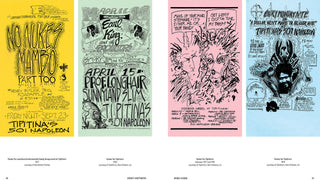A printed spread view of four vintage concert posters from Bunny Matthews: His Life, Art, and Obsessions, displayed side by side on a white background, each with a different colored border and black hand-drawn text and illustrations. The posters are for Tipitina's music venue in New Orleans.