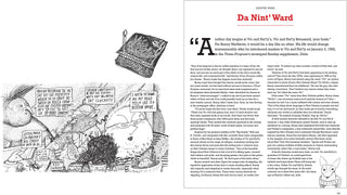 A printed page spread from Bunny Matthews: His Life, Art, and Obsessions showing a black-and-white comic-style illustration on the left and a text article titled "Da Nint' Ward" on the right.