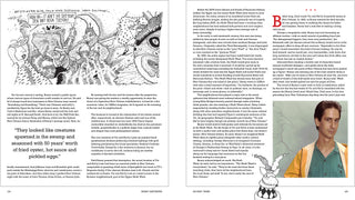 A two-page spread from Bunny Matthews: His Life, Art, and Obsessions, featuring an illustrated black-and-white cartoon panel on the left about Mardi Gras and a text-heavy article with a small portrait photo of Bunny Matthews on the right.