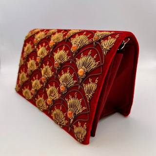 Cinnabar Red Velvet Art Deco Peacock Clutch