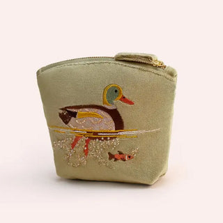A small zippered pouch in a light sage green fabric, featuring an embroidered duck and fish design on the front.