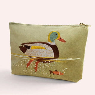 An olive green zippered pouch featuring an embroidered duck and fish design on the front, set against a plain light background.