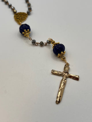 Earth-Mined Blue Sapphire Carved Melon Bead Station Rosary
