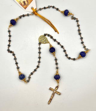 Earth-Mined Blue Sapphire Carved Melon Bead Station Rosary