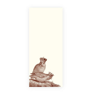 A tall, narrow cream-colored notepad featuring a sepia-toned illustration of two rabbits at the bottom, one wearing a crown and the other a small crown, on a plain white background.