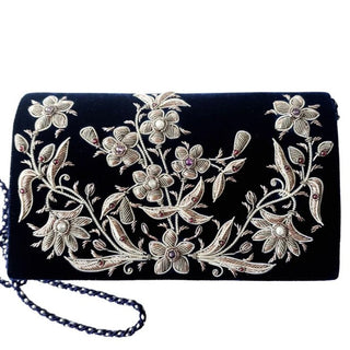 Navy Velvet Floral Clutch with Gemstones
