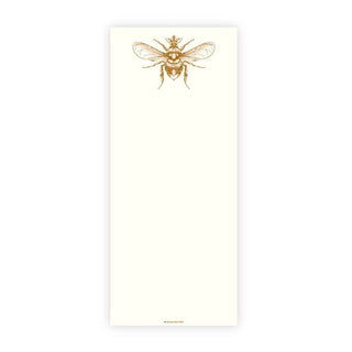 A cream-colored vertical notepad sheet featuring a gold line-art illustration of a bee near the top, shown against a plain white background.