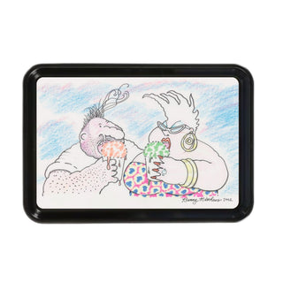 A rectangular black-framed picture frame featuring a whimsical hand-drawn illustration of two cartoon figures with colorful patterns, set against a plain white background.