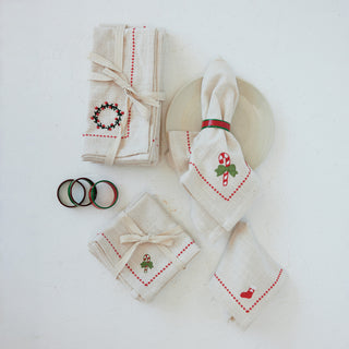 Woven Cotton Napkins with Embroidered Holiday Icons