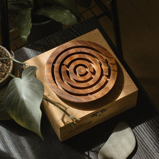 Wooden maze puzzle on a wooden base with plants in the background