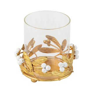 Antique Gold Metal Mistletoe Pillar Holder with White Berries