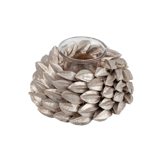 A64243-Painted seed pod champagne silver votive holder, 6 in