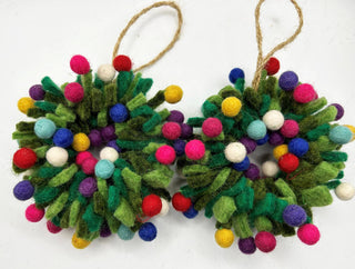 Handmade Felted Wool "Wreath with  Pom Poms" ornament