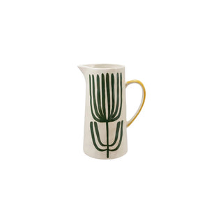 2 Quart Hand-Painted Stoneware Pitcher with Flower, White, Green & Yellow