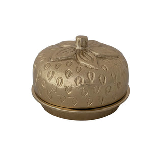 Cast Aluminum & Glass Strawberry Shaped Butter Dish, Gold Finish