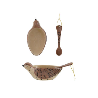Hand-Painted Stoneware Bird Shaped Bowl & Tail Shaped Spoon with Jute Tie