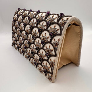 Ivory Faux Suede Peacock Feather Clutch