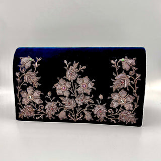 Navy Velvet Floral Clutch with Gemstones