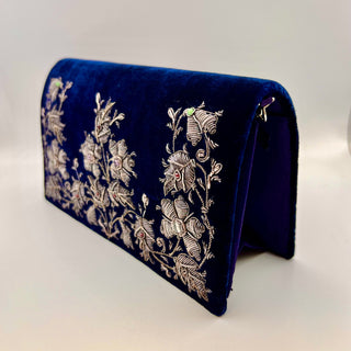 Navy Velvet Floral Clutch with Gemstones