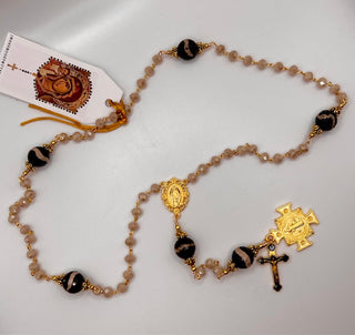 Ivory Black and White Striped Large Bead Gold Trim Rosary