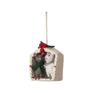 Handmade Wool Felt Mice Under the Mistletoe Ornament w/ Embroidery & Beads