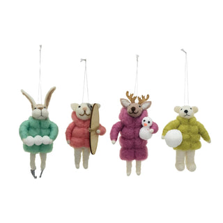 Handmade Wool Felt Animal in Winter Coat Ornament, 4 styles