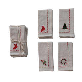 Woven Cotton Napkins with Embroidered Holiday Icons, Set of 4 Tied with Cotton Tape