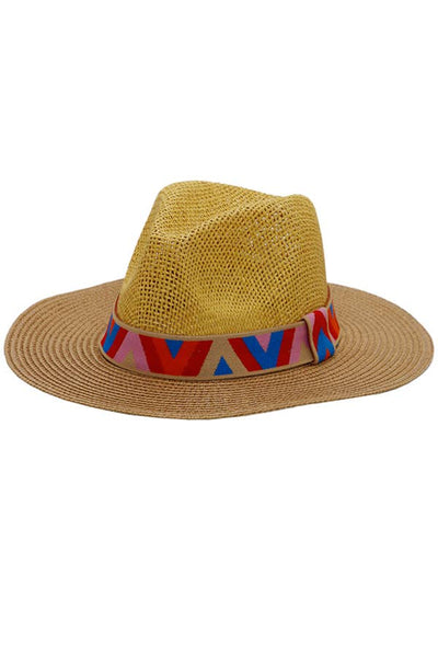 Cap Zone - Chevron Band Two Tone Open Weave Straw Fedora Rancher Hat