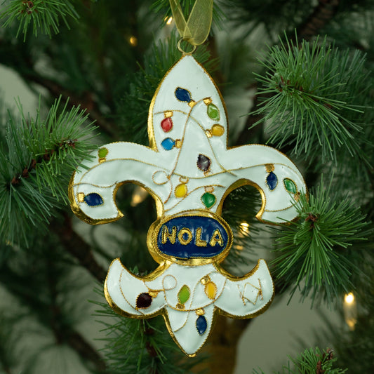 FLEUR DE LIS NOLA LIGHTS WHITE CLOISONNE ORNAMENT