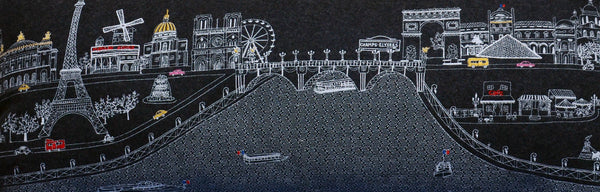 PARIS embroidered skyline Ottoman in Dark Grey